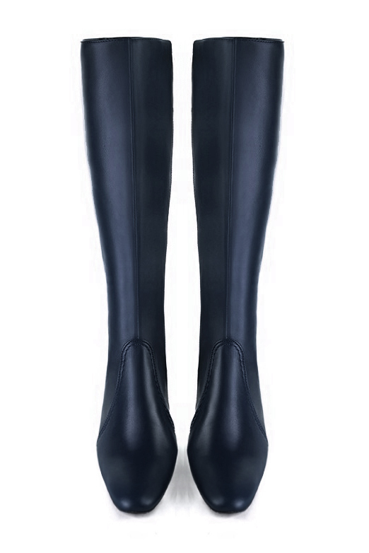 Navy blue women's feminine knee-high boots. Round toe. Medium block heels. Made to measure. Top view - Florence KOOIJMAN